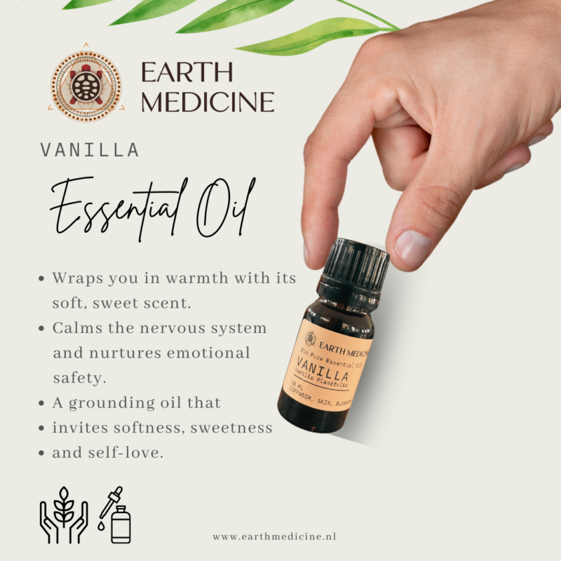Infosheet van Vanille essentiële olie met een hand die het flesje vasthoudt – visuele weergave van de werking en toepassing van de olie.