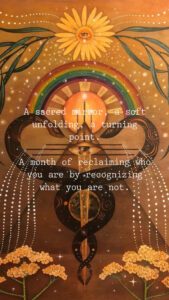 Grafische illustratie met zonnebloem, slangen, regenbogen en energetische symboliek. Inclusief tekst over zelfreflectie en loslaten van identificaties.