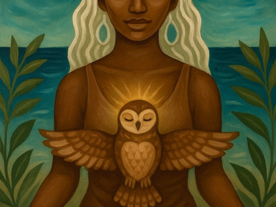 Illustratie van een mediterende vrouw met wit haar, een derde oog op haar voorhoofd en een uil met gespreide vleugels op haar hart, zittend voor een oceaan met planten aan weerszijden.