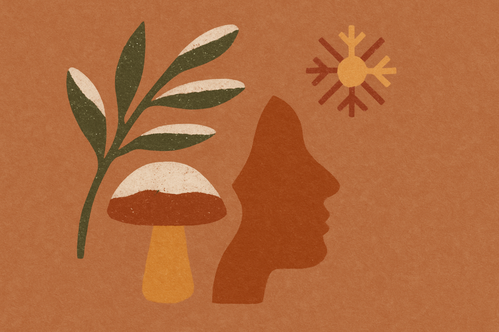 Abstracte illustratie met een silhouet van een gezicht, een plant met groene bladeren, een paddenstoel en een zonachtig symbool op een terracotta achtergrond.