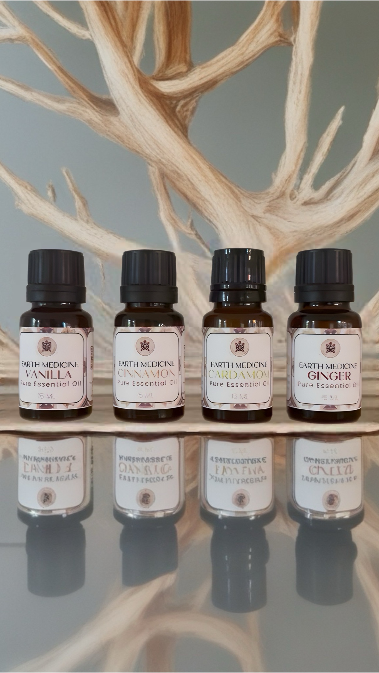 Vier flesjes essentiële olie – Vanilla, Cinnamon, Cardamom en Ginger – uit de Autumn Alchemy-collectie van Earth Medicine Market.