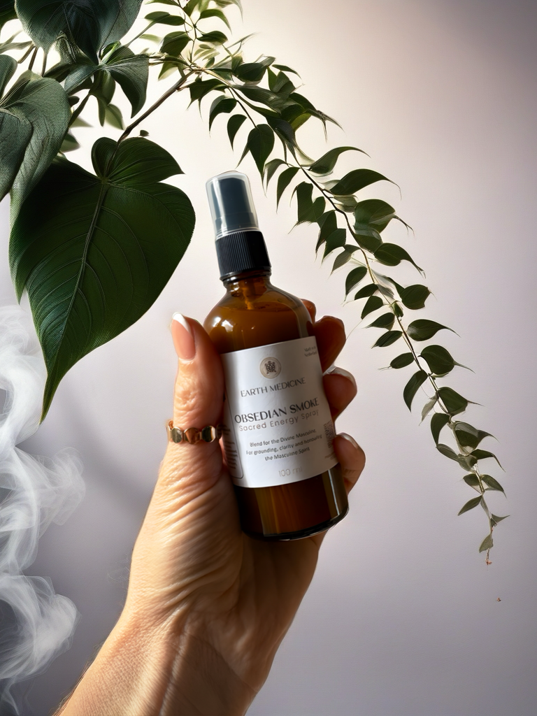 Hand met flesje Obsidian Smoke Aura Spray – natuurlijke aura spray met Obsidiaan voor bescherming en gronding
